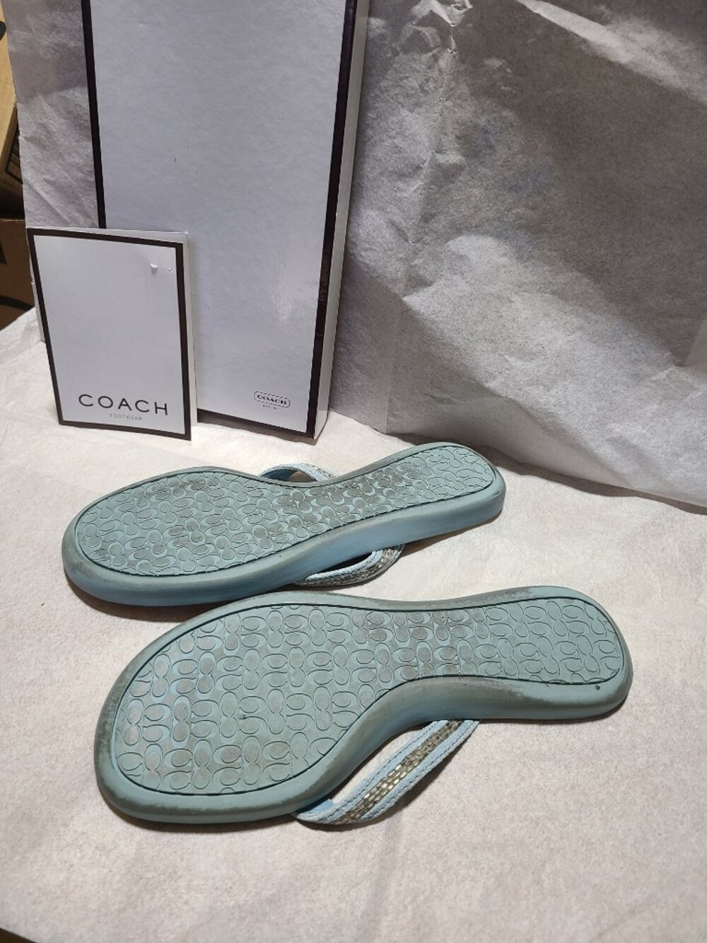 Coach Laurel Signature Vachetta Leather Beaded Blue Flip Flop Sandals - Picture 3 of 5